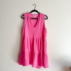 Michael Stars Pink Daisy Gauze Muslin Cotton V Neck Mini Dress Large Barbie Girl